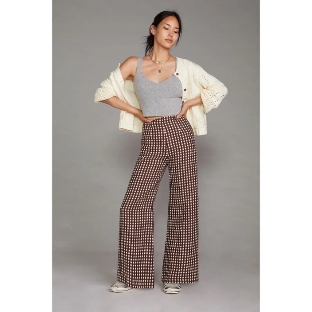 NWT Anthropologie Brown and White Linen Gingham Pants